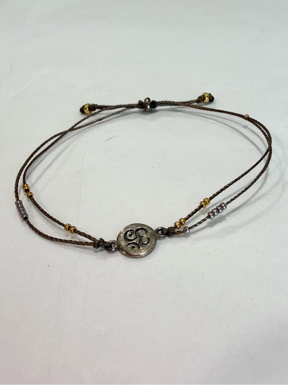 Adjustable Cord OM Sterling Silver Medallion Beaded Bracelet